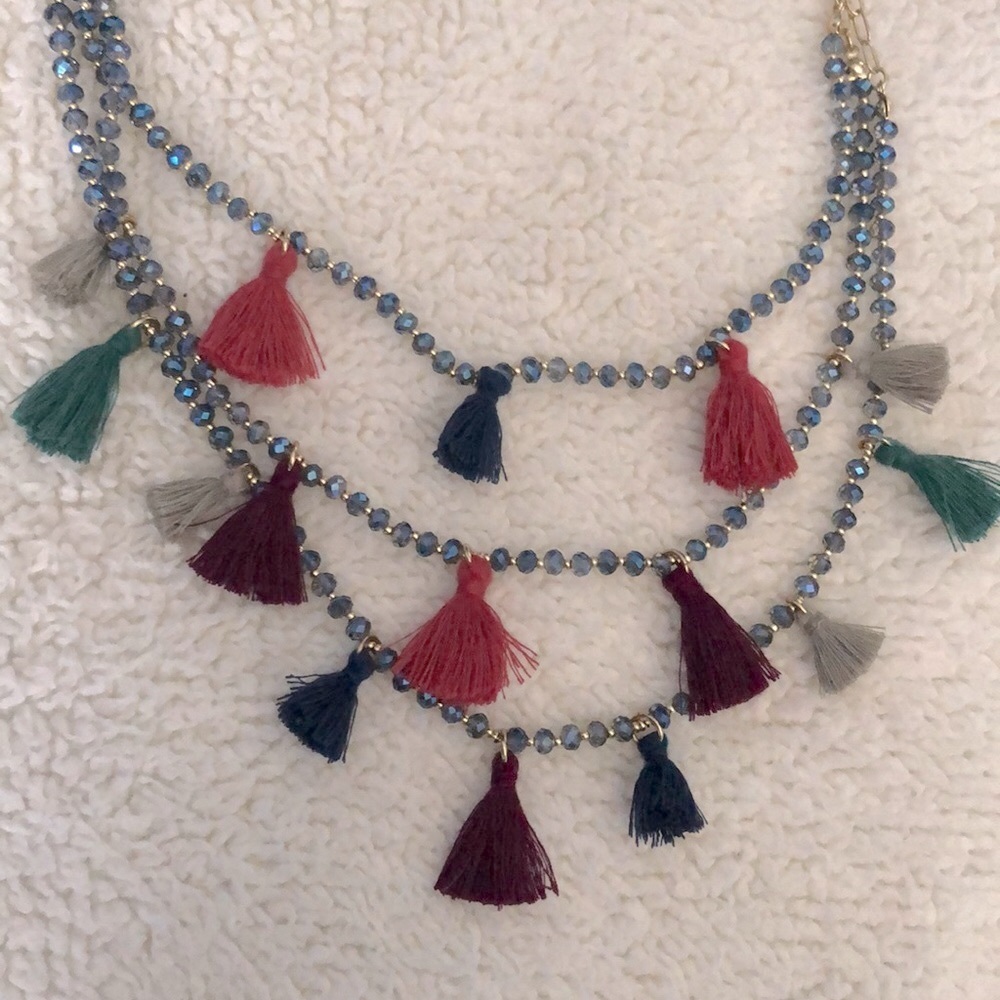 NWT Loft necklace 3 layer turquoise beads multi-color tassel necklace